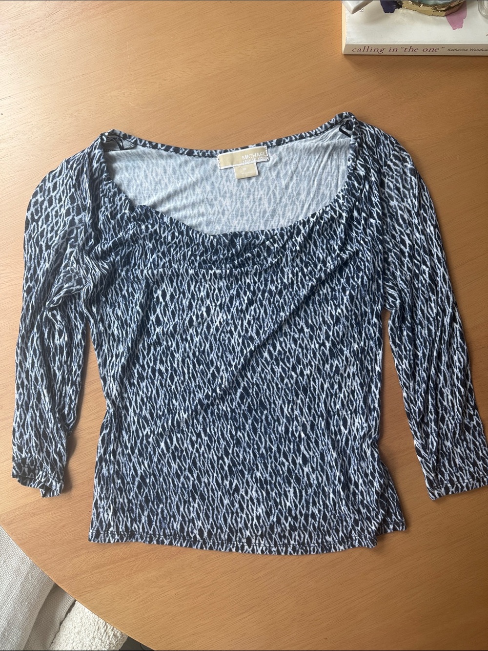 Michael Kors Navy and White Patterned Scoop Neck Long Sleeve Top